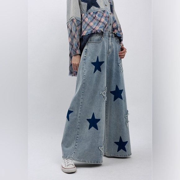 STAR PATCH MINERAL WASEHD WIDE LEG STRETCHY DENIM PANTS - Picture 4 of 5